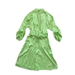 Women's Lime Green Silky Satin Long Sleeve Tie Waist Robe Lingerie Cover Size XL